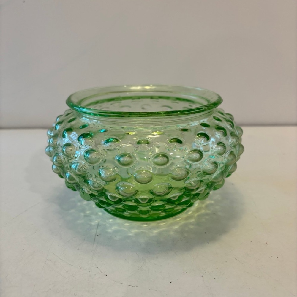 Vintage Uranium Glass Green Bowl. Hobnail